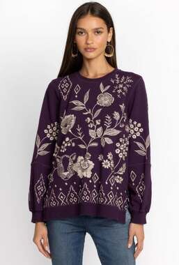 JOHNNY WAS Women's Ivey High Slit Sweatshirt Large Deep Purple Floral NWT
